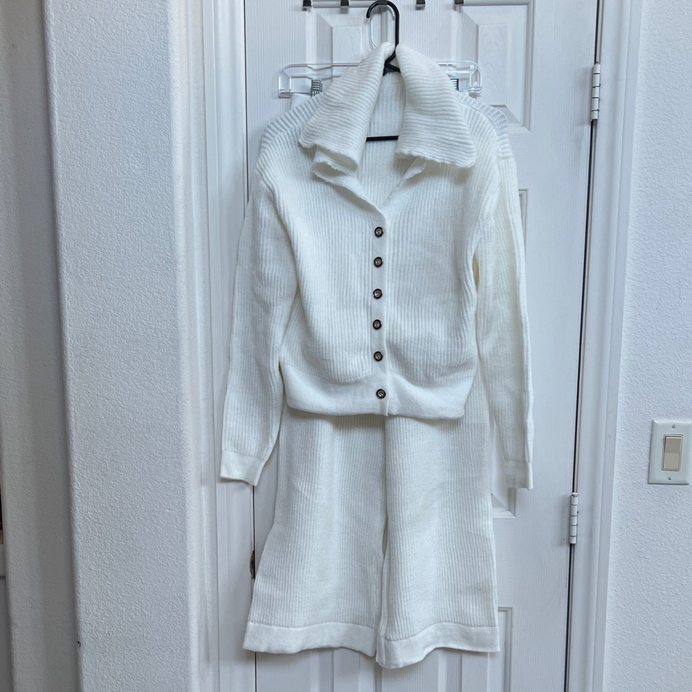 Cozy White Knit Cardigan and Pants Set